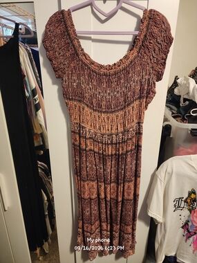 eesome Boho Midi Dress in Rust and Brown Printed Fabric